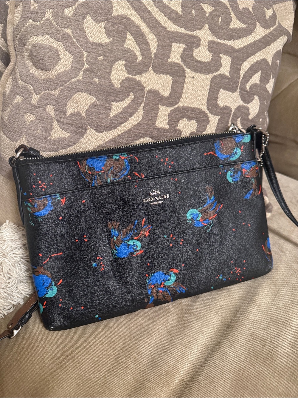 COACH Black Floral Bird Print Leather Crossbody
